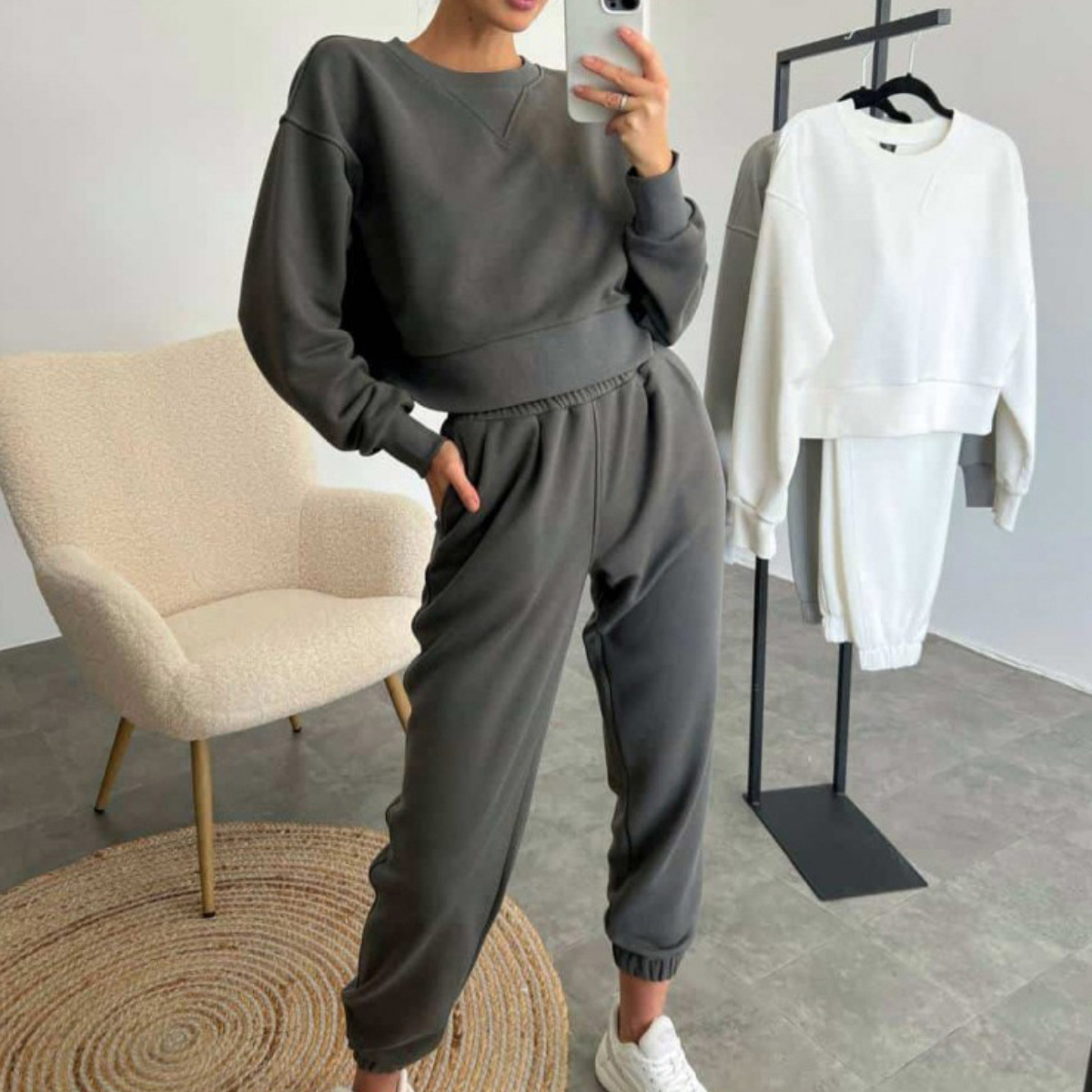 Women's Solid Color Long Sleeve Two-Piece Pants Set Casual
