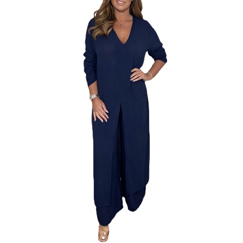 Solid Color Split Long Sleeve Top and Pants Set