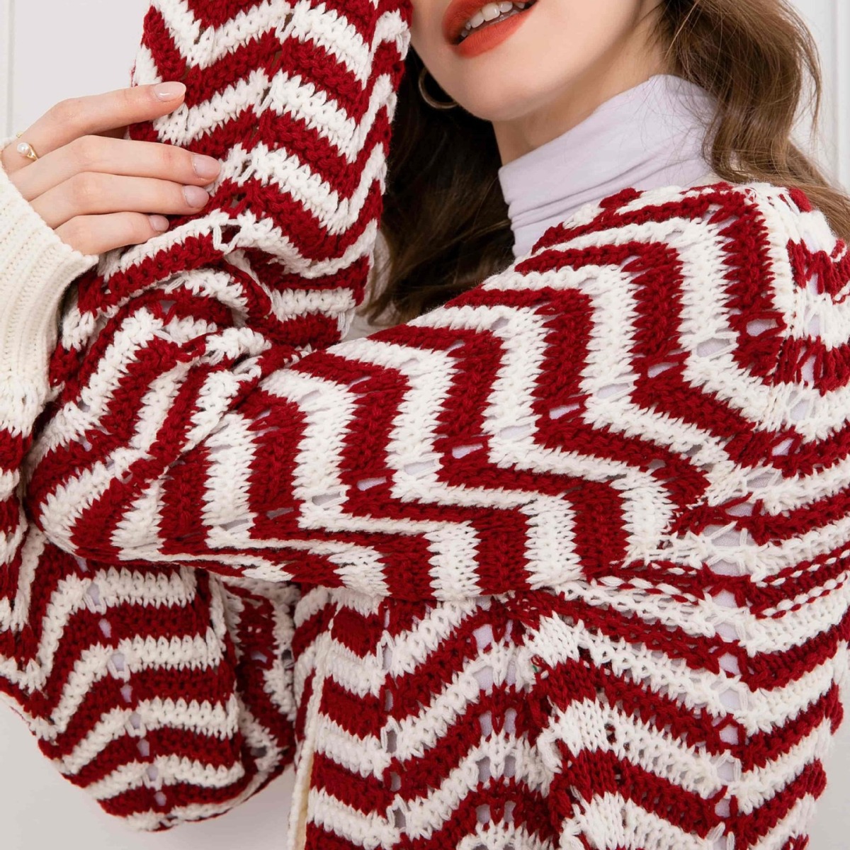 Retro Striped Knit Cardigan V-Neck Button Short Long-Sleeve Hollow-Out Sweater