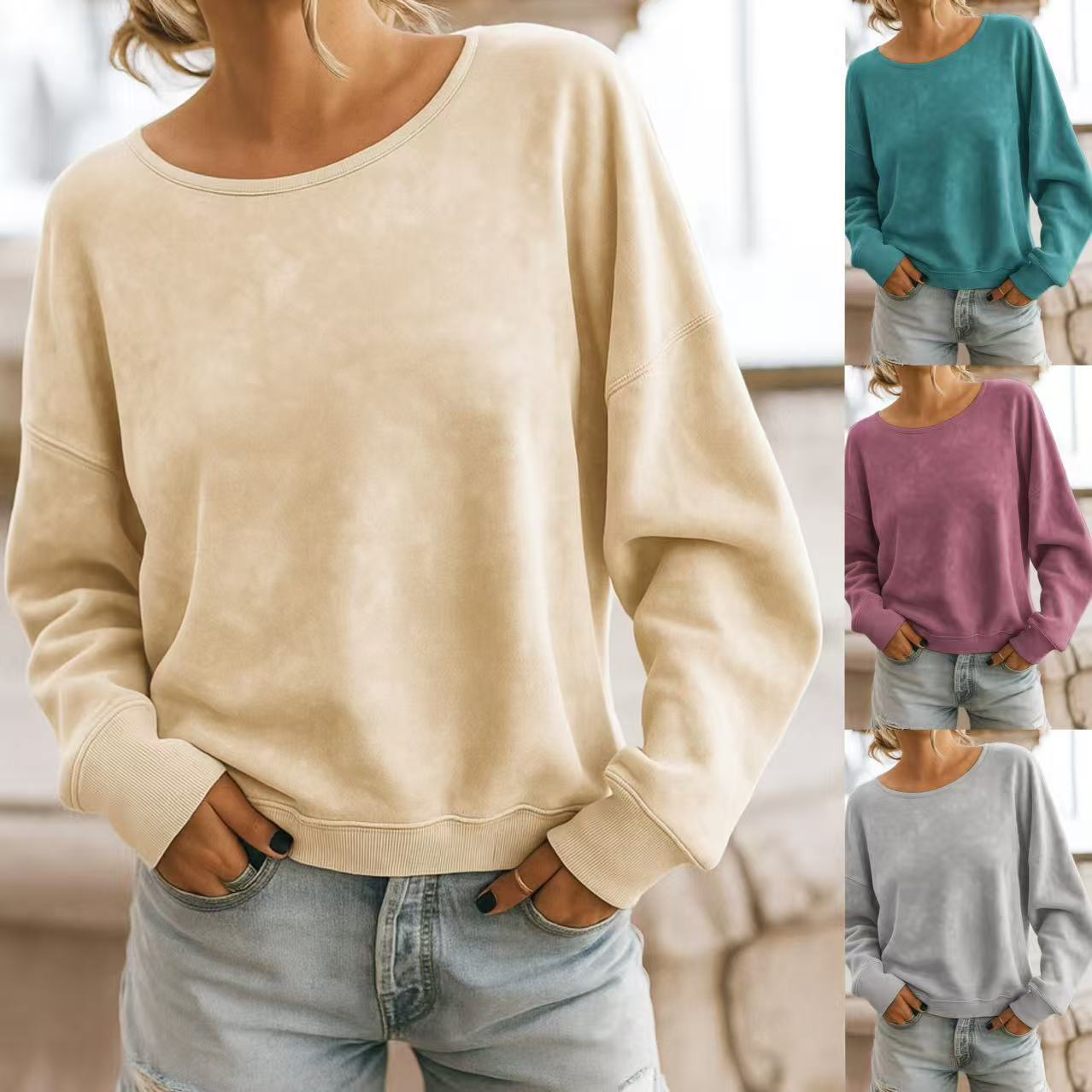 Women's Casual Loose Long-Sleeve Printed Crewneck Knit Sweatshirt