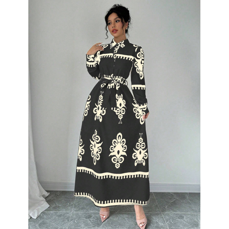 Printed Long-Sleeve Collared Shirt Dress
