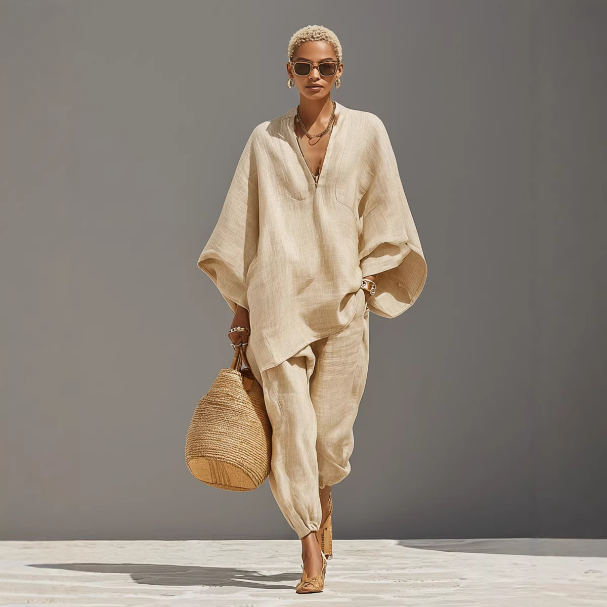 Women's Casual Loose Solid Color Shirt and Pants Set