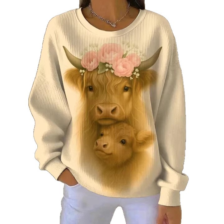 Women's Bull Head Print Crewneck Sweatshirt Casual Pullover