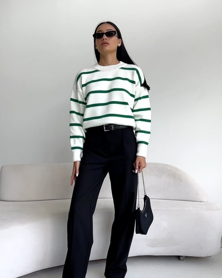 Striped Knit Sweater Crewneck Long Sleeve Colorblock Pullover