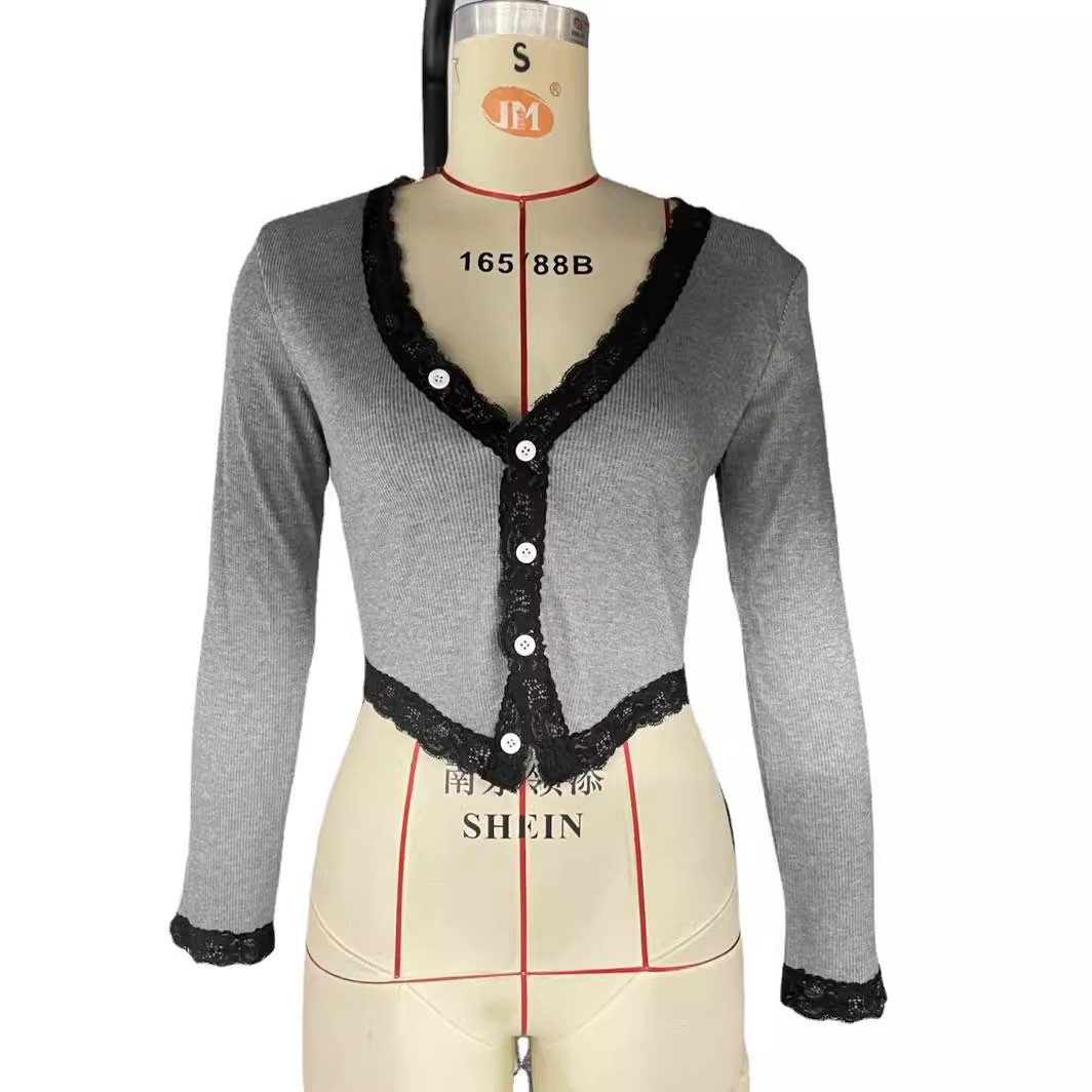 Women's V-Neck Button-Down Long-Sleeve Knit Lace-Trim Cardigan