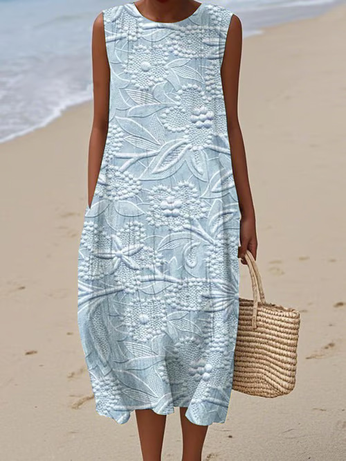 Women's Floral Petal 3D Print Sleeveless Midi Dress
