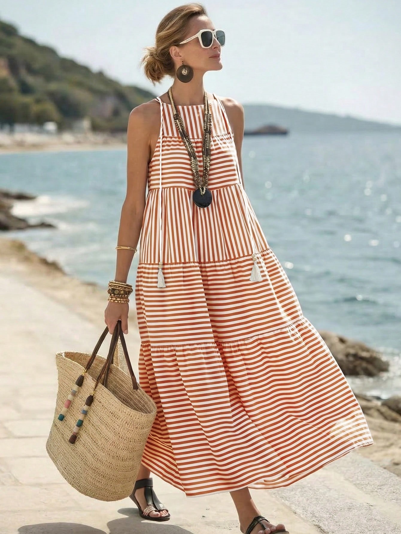 Women's Striped Fringe Tiered Cami Maxi Dress Beach Vacation