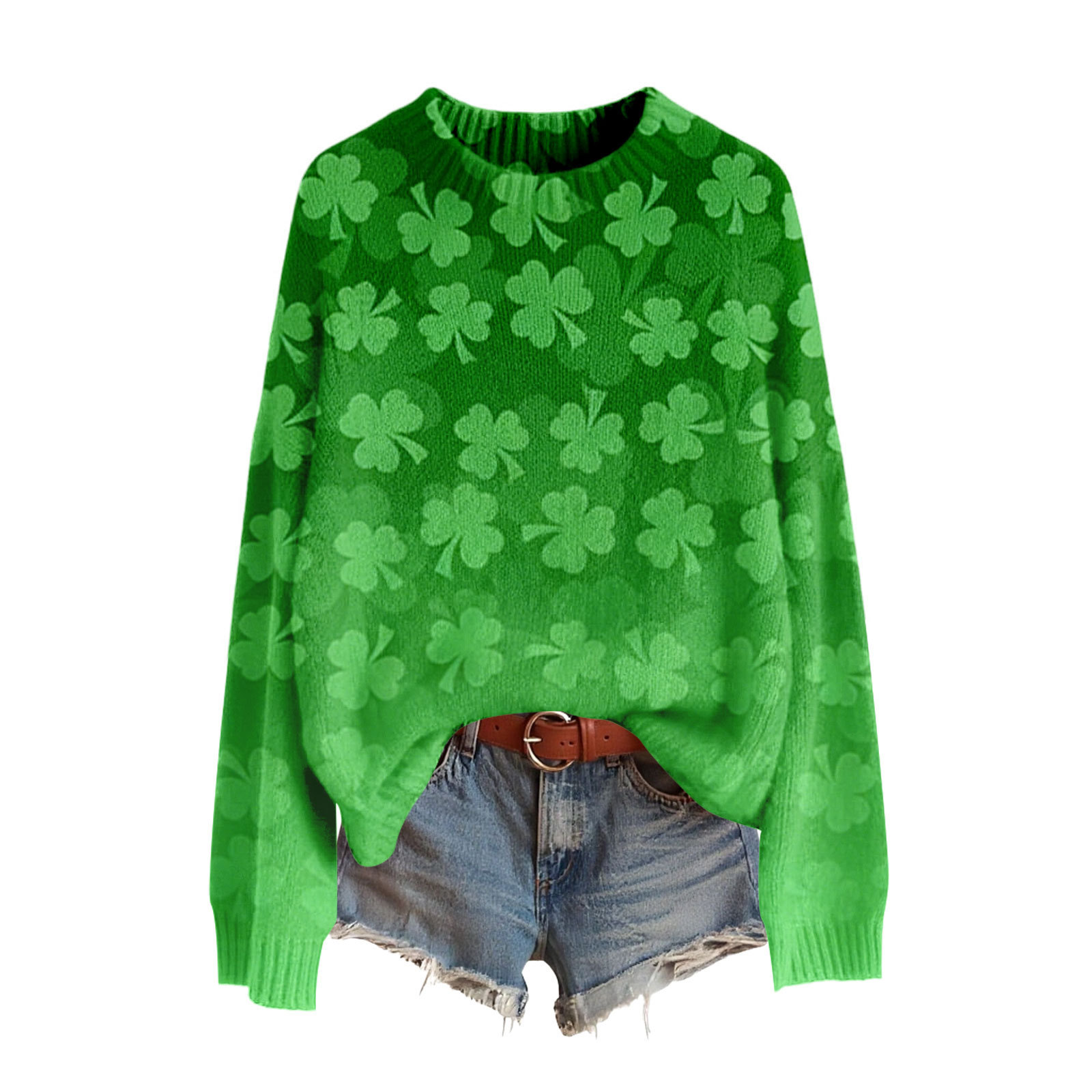 Lucky Clover Print Crewneck Sweatshirt for Women Casual Pullover