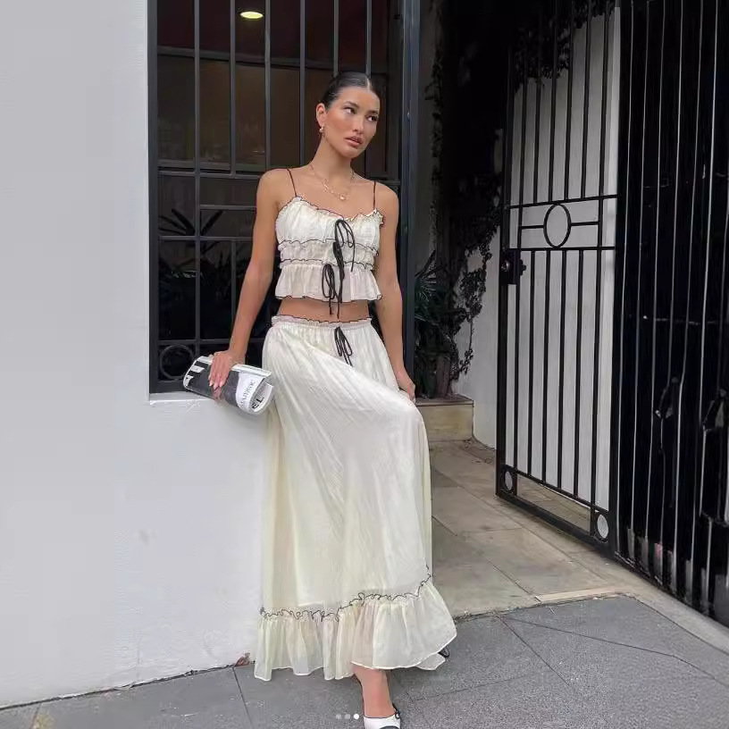 Women's Sweet Bow Cami Top and Pleated Midi Skirt Set