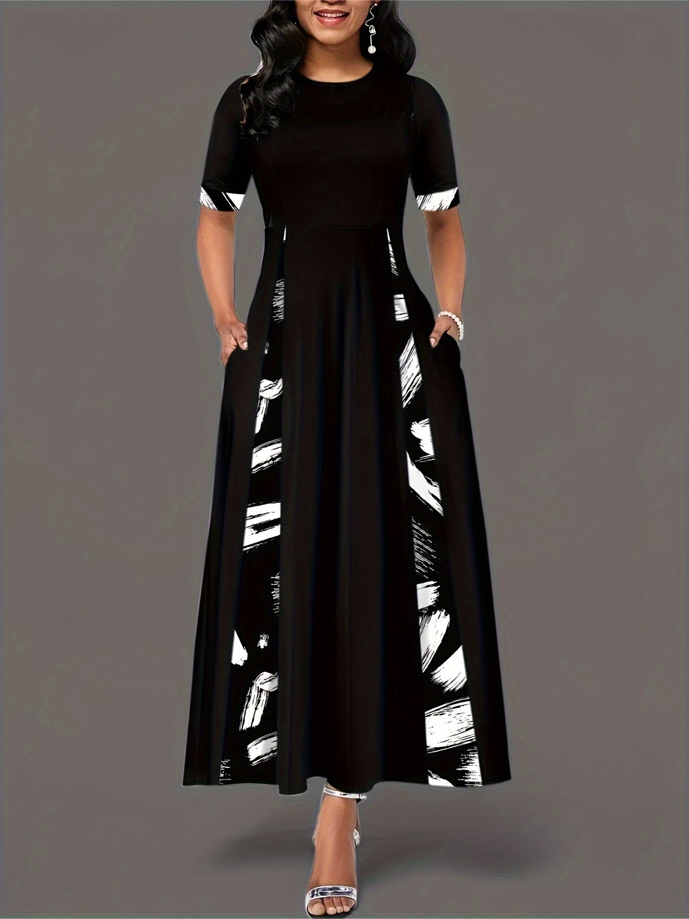 Color-Block Crew Neck Mid-Sleeve Irregular Long Dress