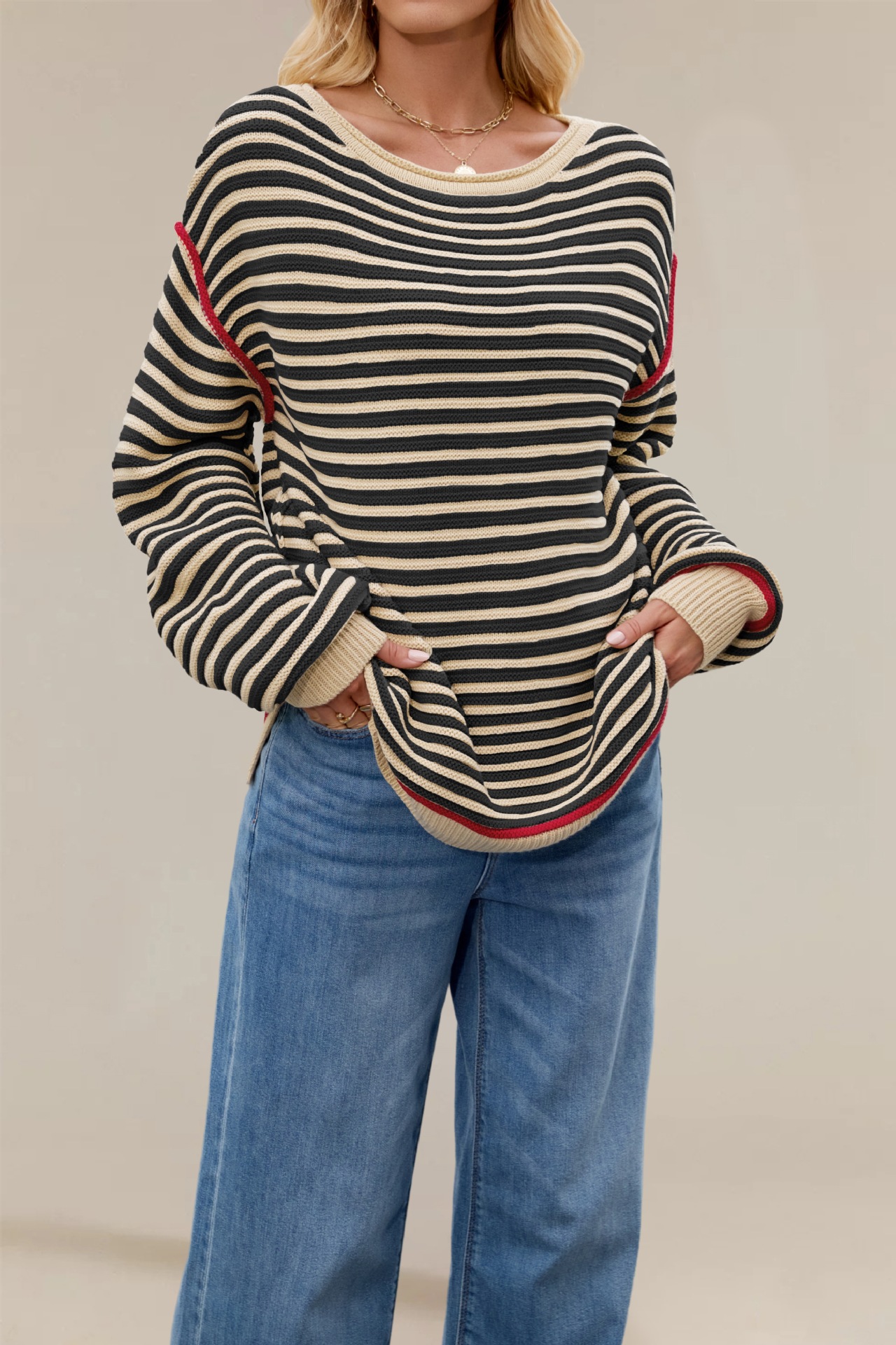 Striped Knit Sweater Crewneck Pullover Loose Long Sleeve