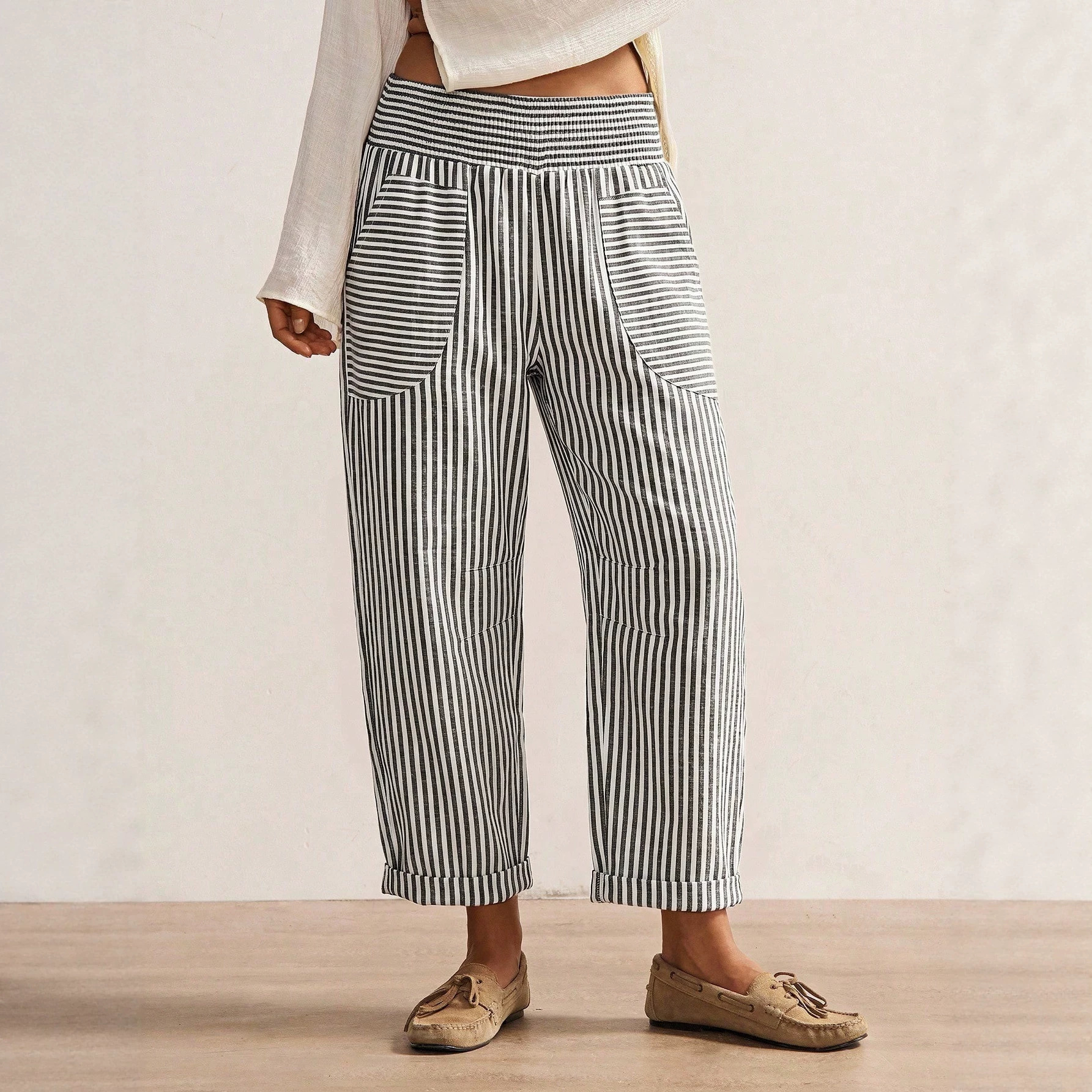 Women's Retro Striped Casual Pants with Pockets, Loose Straight-Leg
