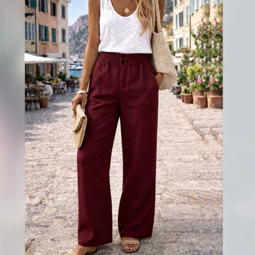 Women's Boho Wide-Leg Pants Casual Comfortable Polyester-Cotton Blend