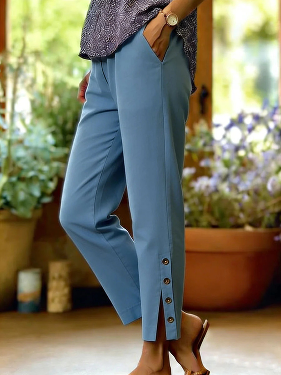 Women's Cotton-Linen Straight-Leg Cropped Pants with Side Buttons