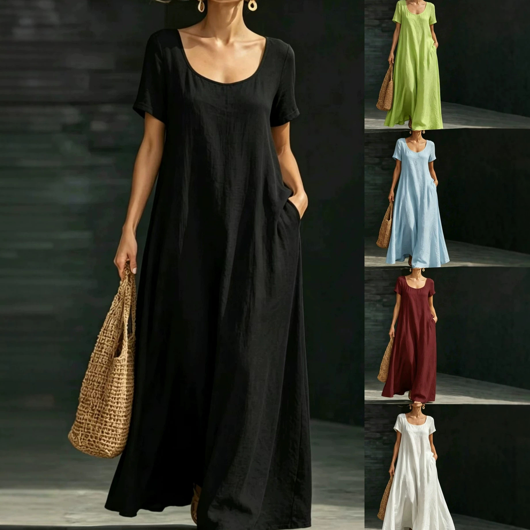 Summer U-Neck Short Sleeve Loose Fit Maxi Dress Solid Casual