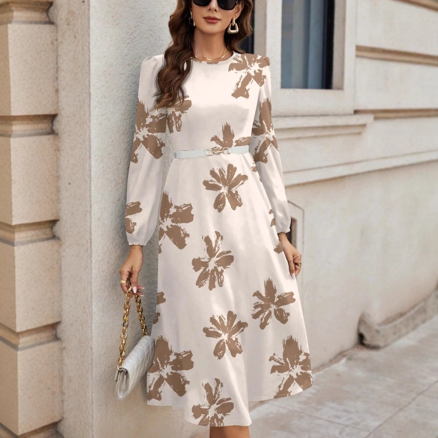 Floral Print Knit A-Line Long Dress Crew Neck Long Sleeve