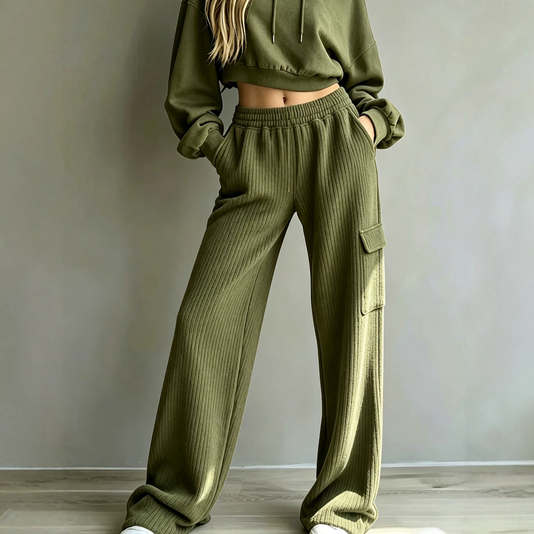 Vertical Ribbed Wide-Leg Cargo Sweatpants High Waist Drawstring