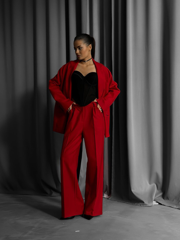 Women's Casual Two-Piece Suit Set Solid Color Loose Cardigan Blazer and Button Pants