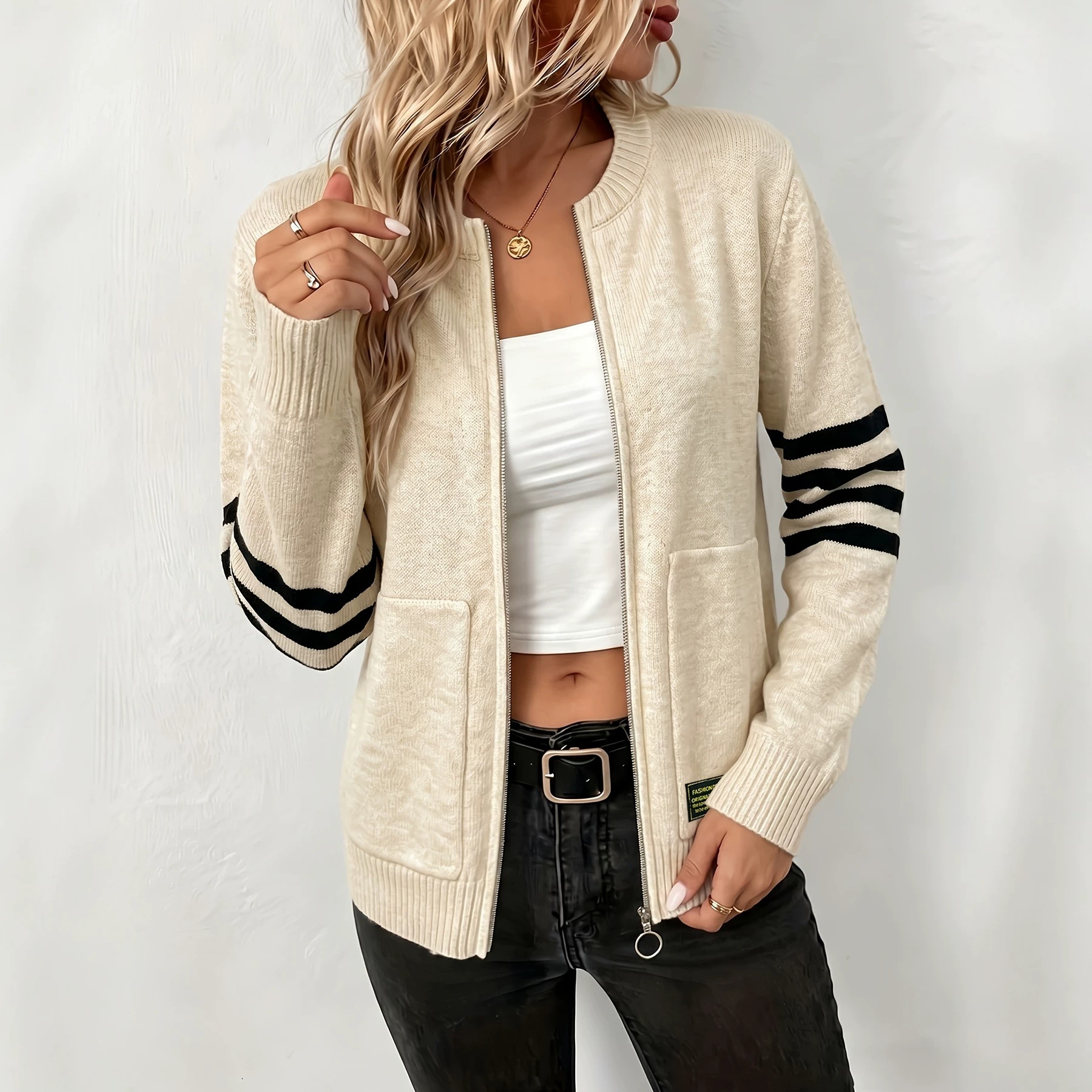 Women's Striped Zip-Up Knit Cardigan with Ring Pull