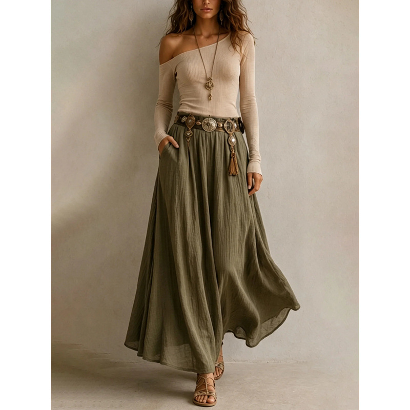 High-Waist A-Line Midi Skirt Slimming Flattering Solid Color