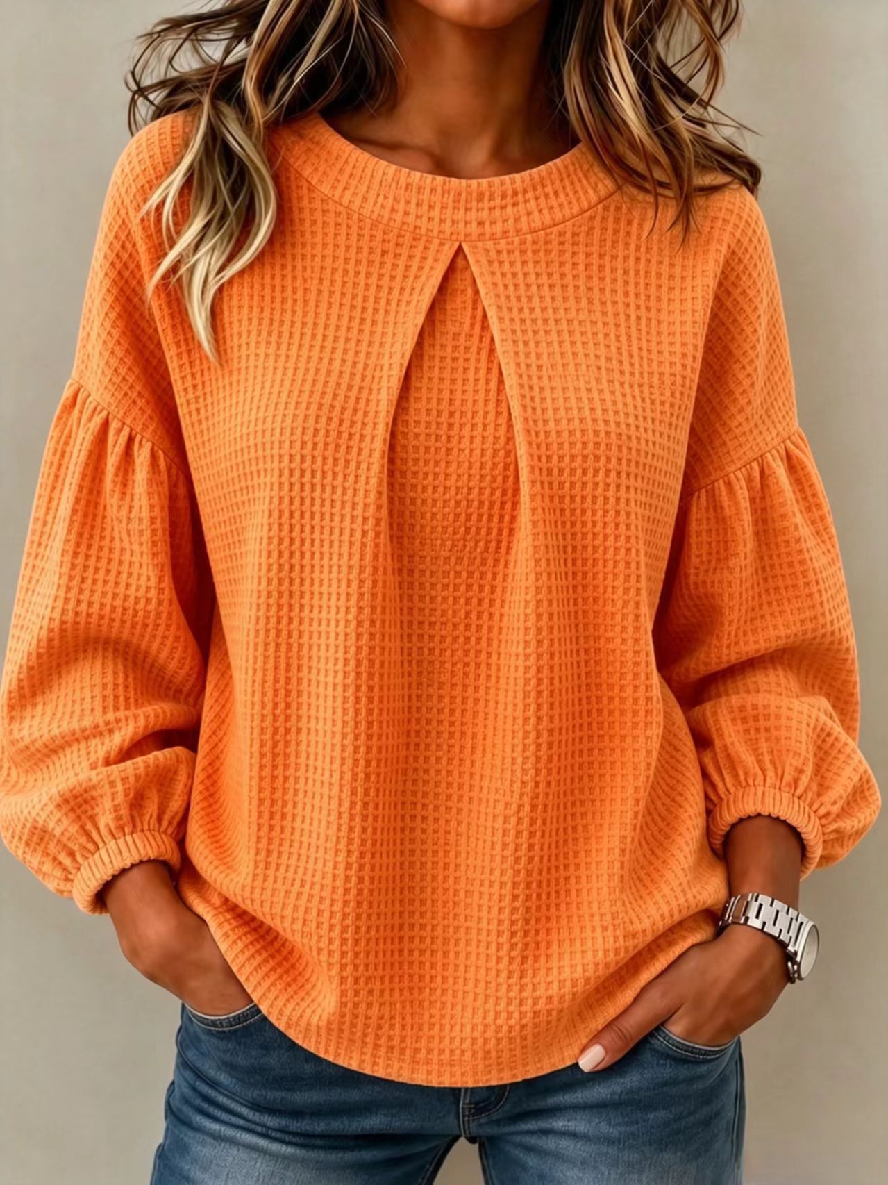 Women's Colorblock Lantern Sleeve Crewneck Loose Solid Long Sleeve Top Sweatshirt