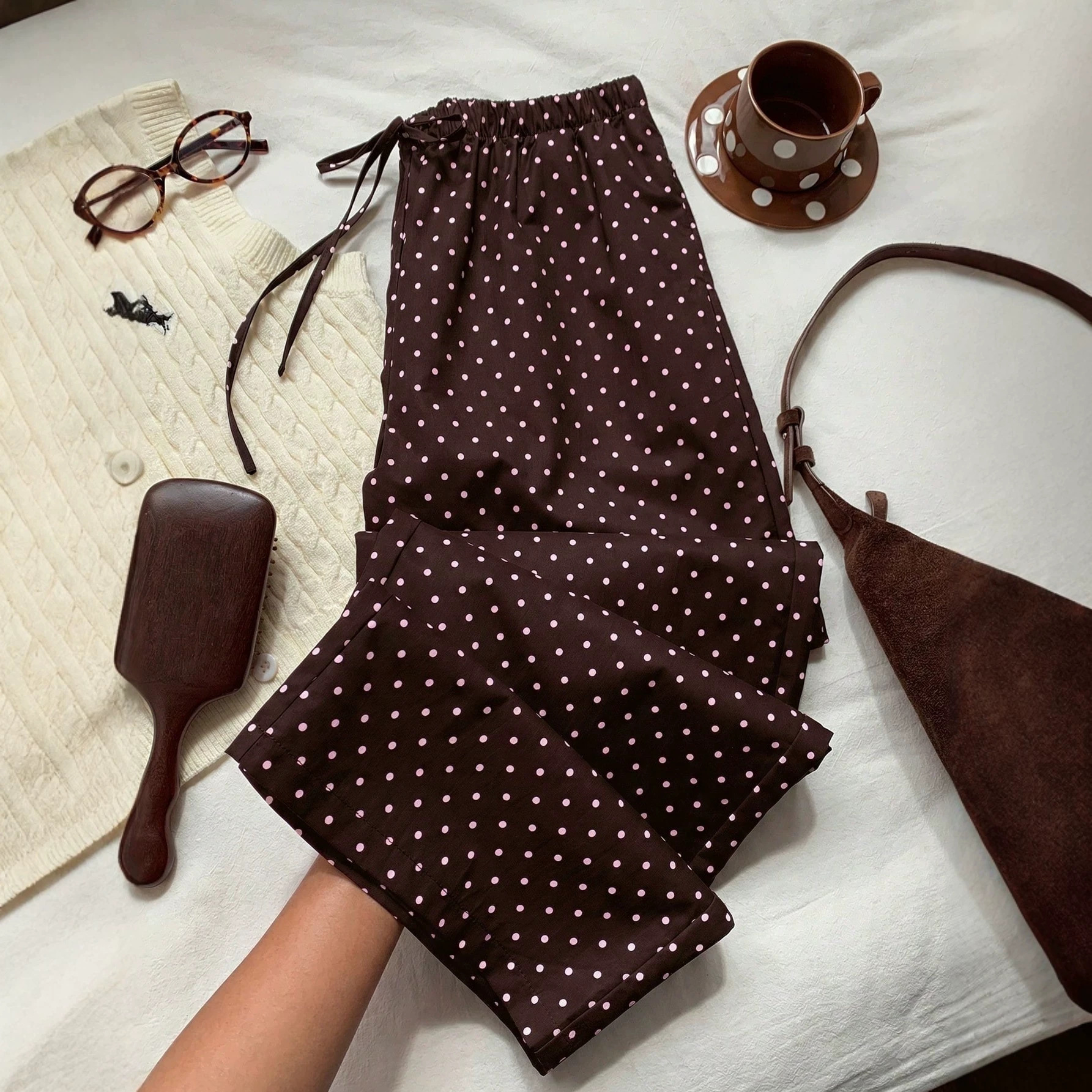 Women's Wide-Leg Polka Dot Print Elastic Waist Casual Straight Pants