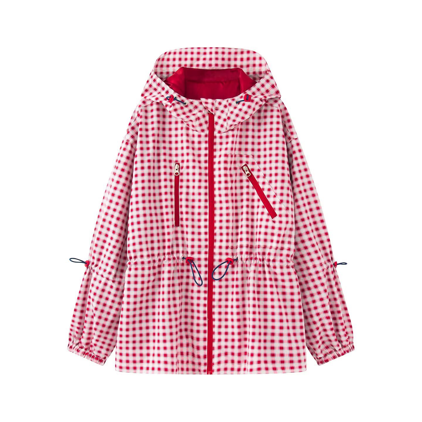 Women's Hooded Plaid Zip Jacket Mid-Length