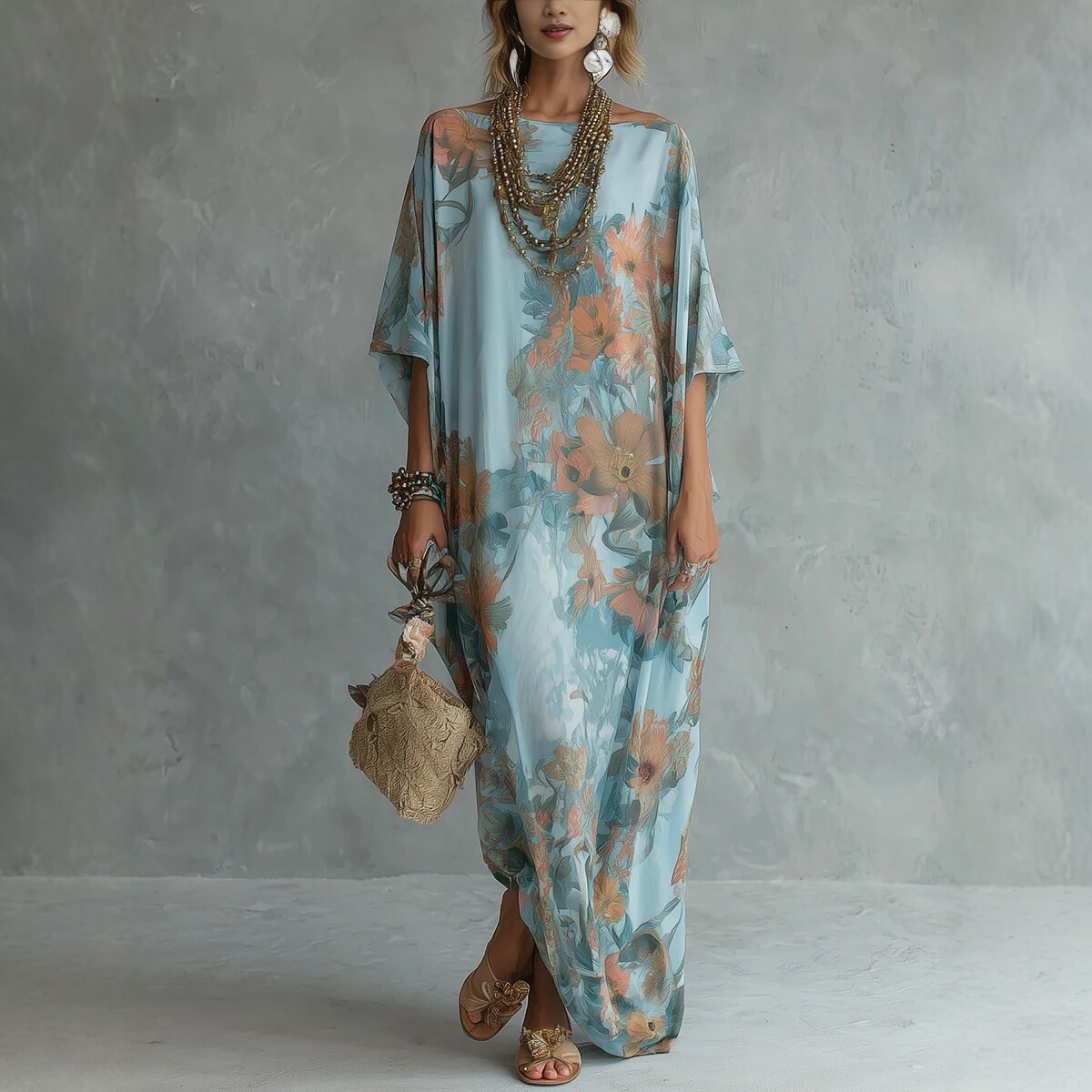 Women's Floral Print Off-Shoulder Maxi Dress Loose Fit
