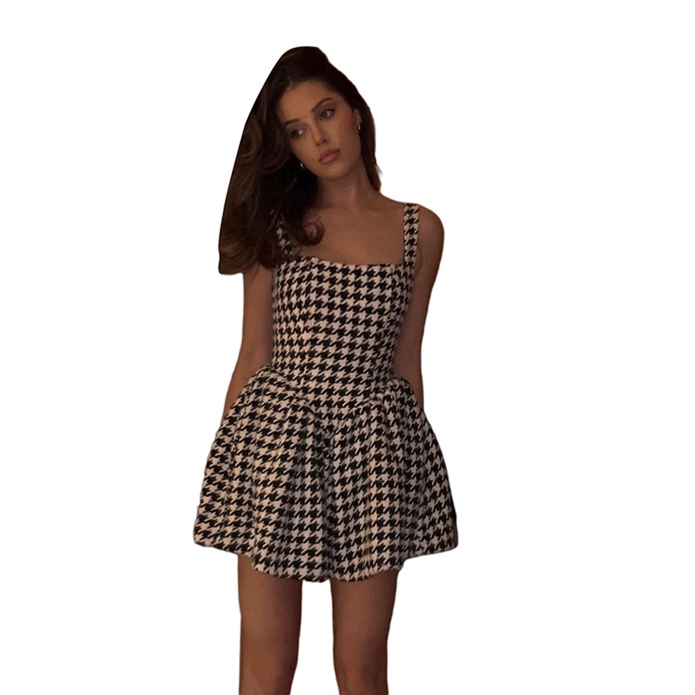 Houndstooth One-Shoulder Backless High-Waist Bodycon Dress