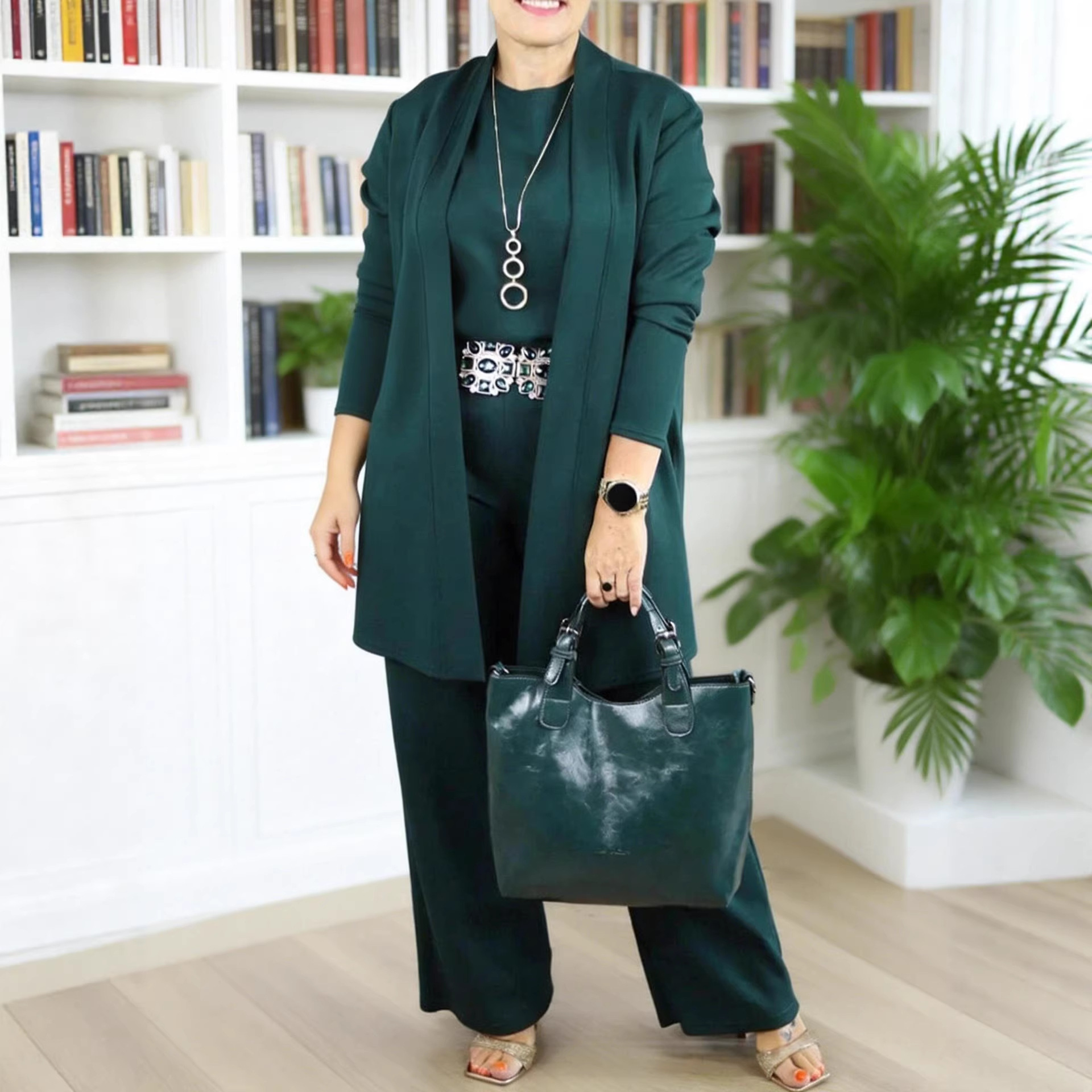 Women's 3-Piece Solid Crewneck Long-Sleeve Top Belted Pants Set