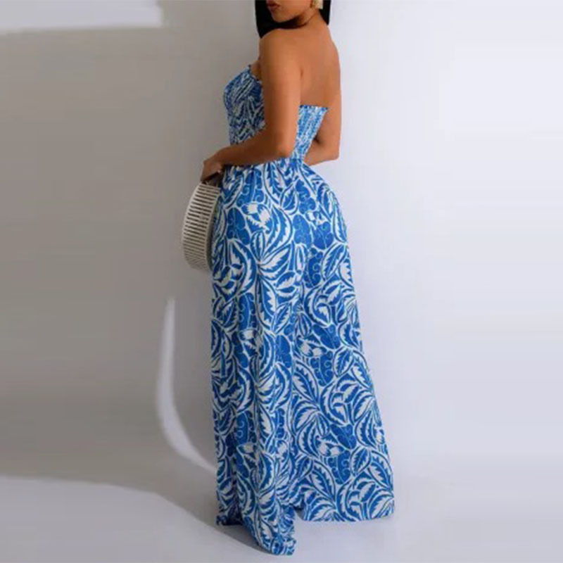 Women's Printed Strapless Wide-Leg Jumpsuit with Open Back and Cinched Waist