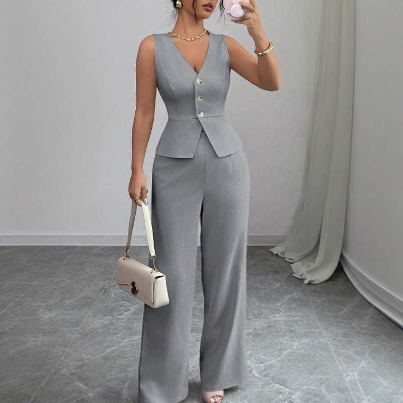 Women's Sleeveless Vest and Long Pants Two-Piece Set Solid Color Commuter Outfit