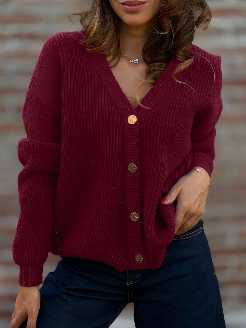 V-Neck Slimming Knit Cardigan Women's Long Sleeve Sweater Coat