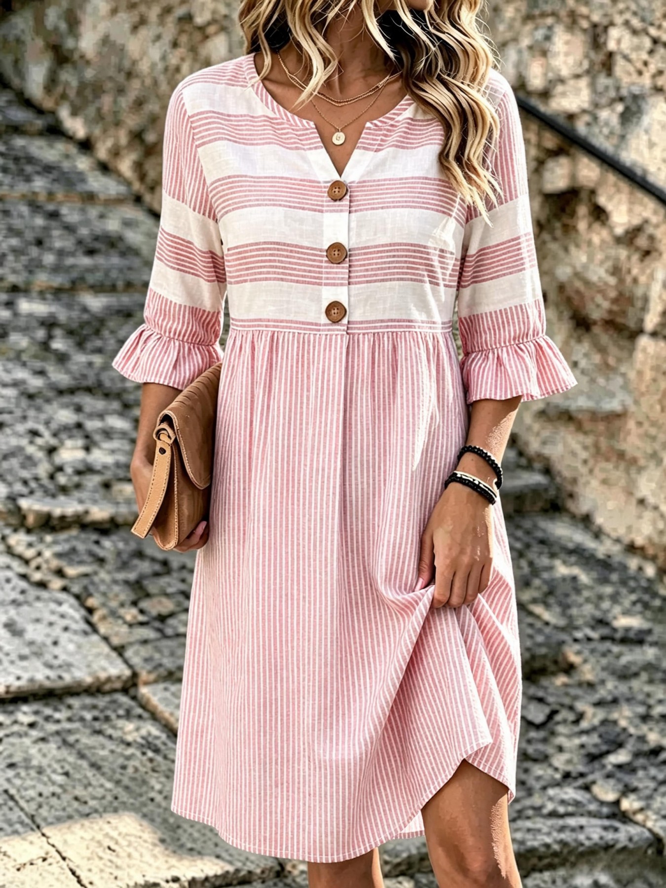 Women's Floral Striped Print Casual Dress with Deep V-Neck and Five-Quarter Sleeves