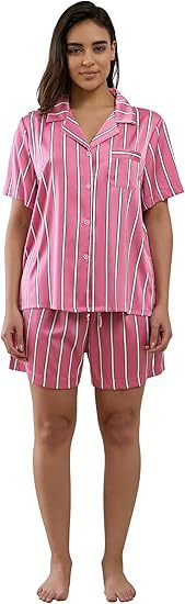 Women's Cuban Collar Satin Striped Print Short Sleeve Shirt Set