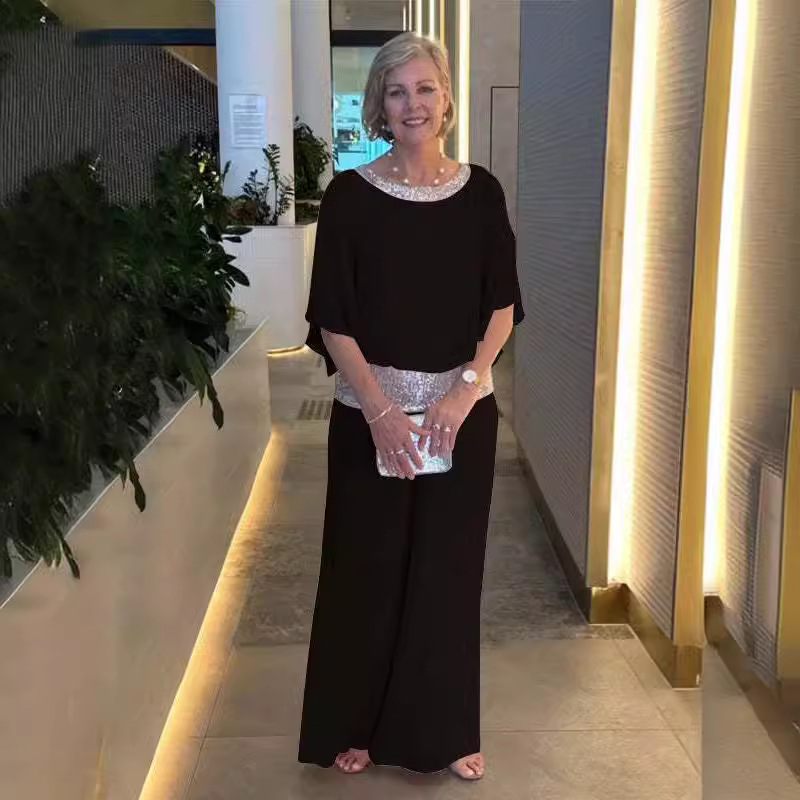 Women's Sequin Colorblock Batwing Top and Wide-Leg Pants Set