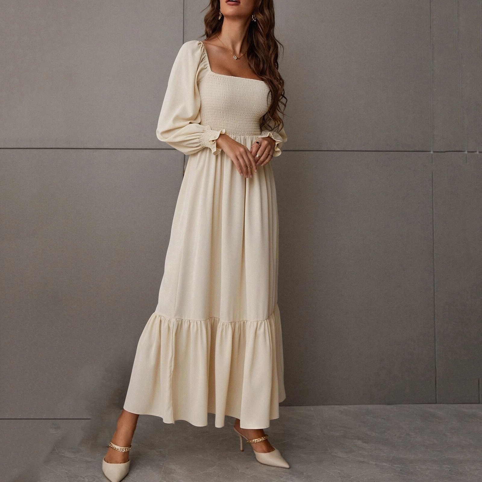 Square Neck Ruffle Long Sleeve High Waist Bodycon Dress