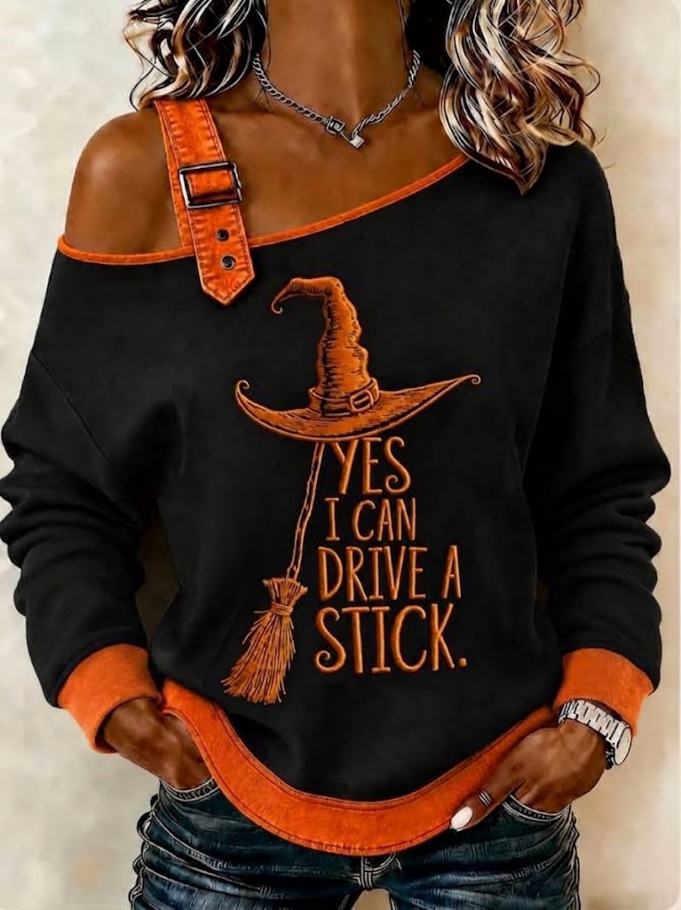 Halloween Witch Broom Print Crewneck Long-Sleeve Lace-Up Sweatshirt