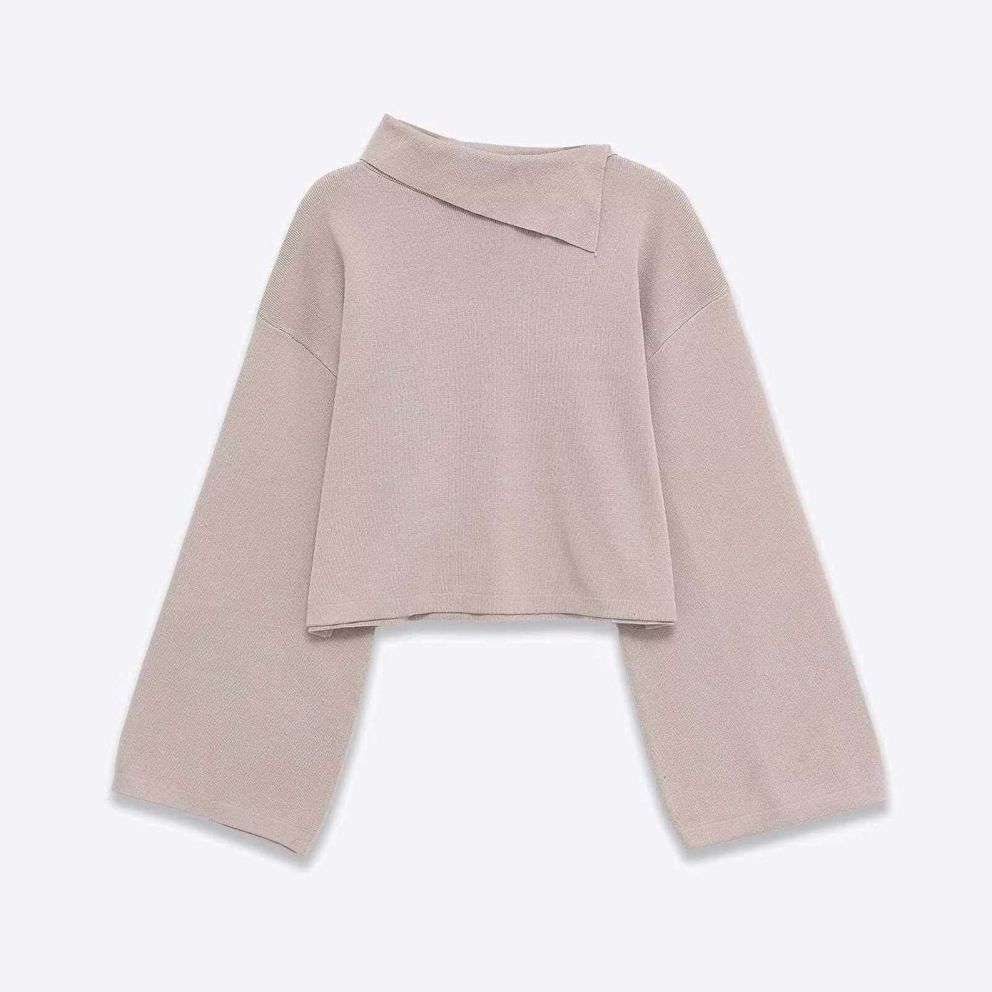 Soft Asymmetric Neck Rolled-Edge Cropped Knit Sweater