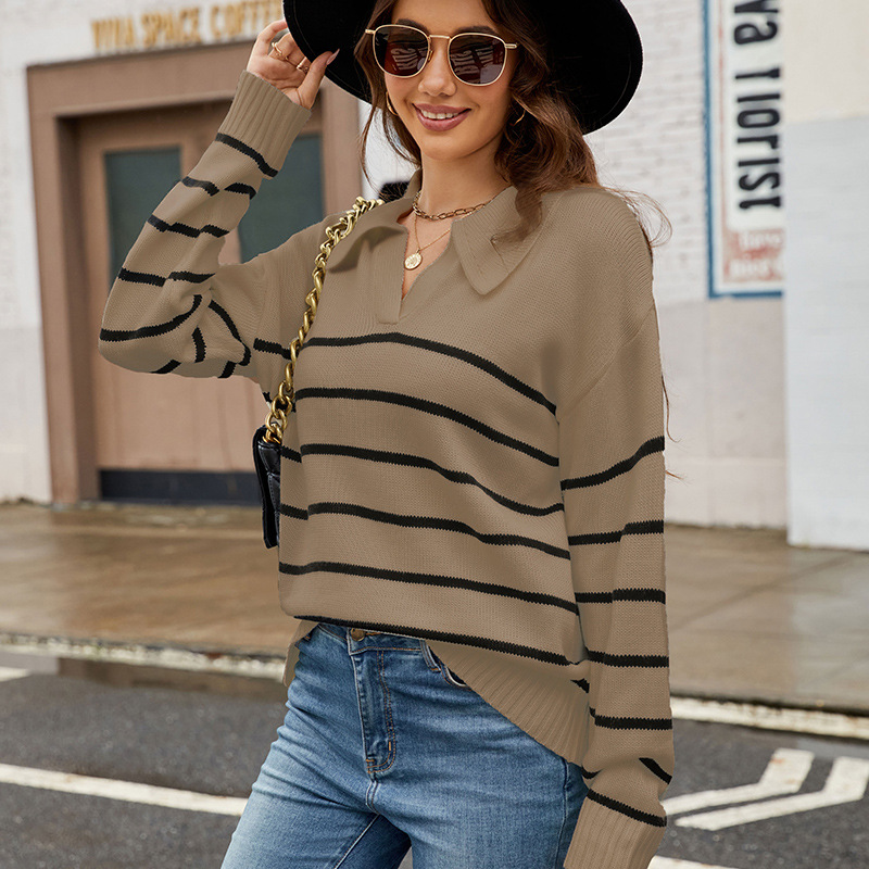 Striped Polo Neck Knit Sweater Plus Size Women's Pullover