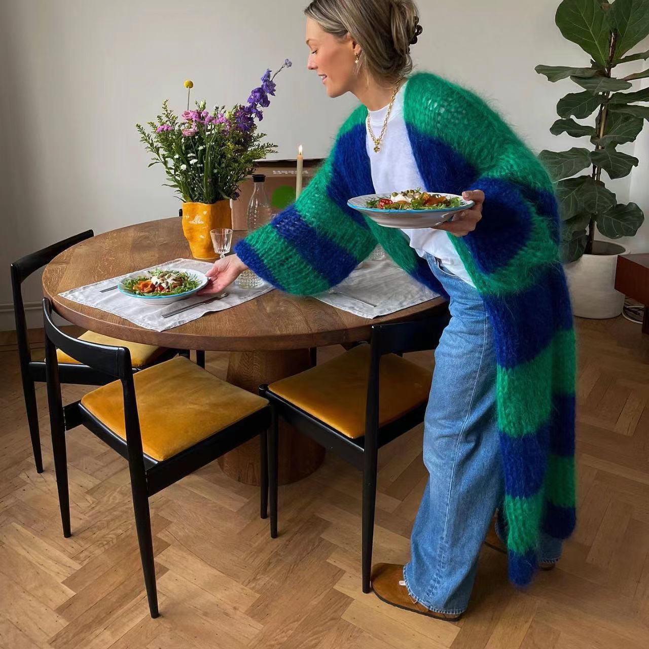 Color-Block Striped Knit Long Cardigan Sweater Coat