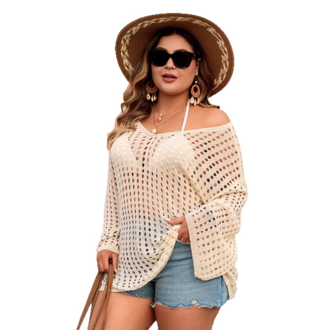 Open-Knit Long-Sleeve Beach Cover-Up