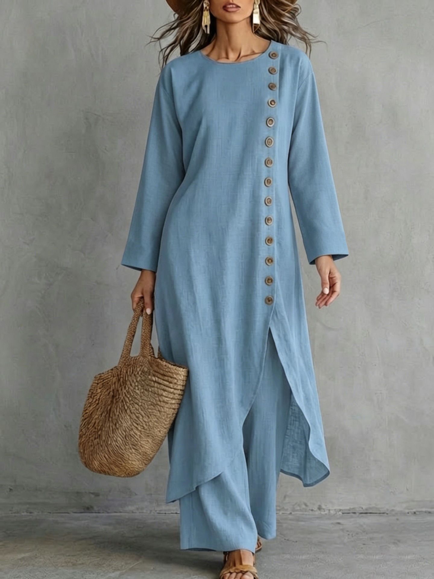 Solid Color Loose Button Round Neck Long Sleeve Dress