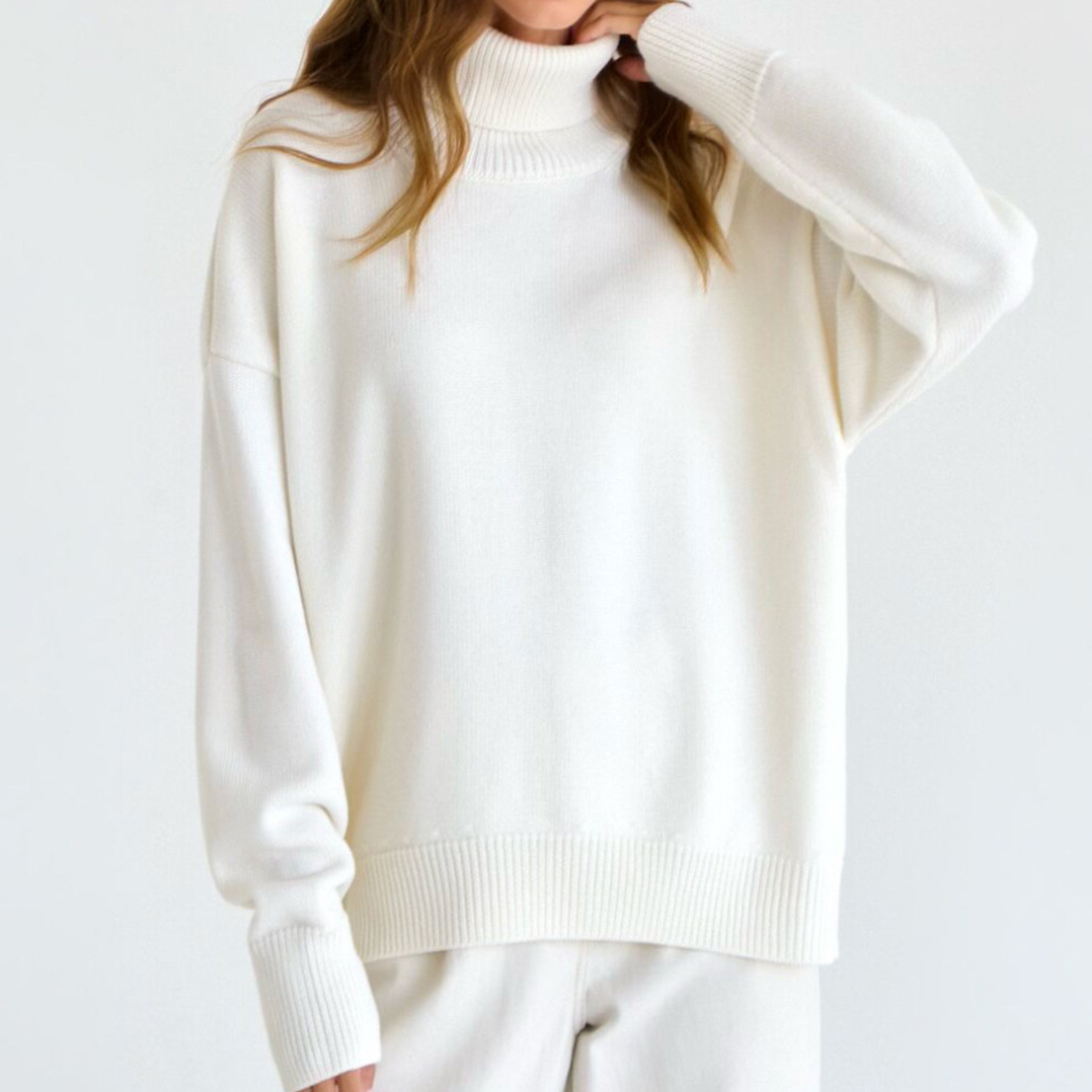 Solid Turtleneck Sweater Loose Knit Pullover