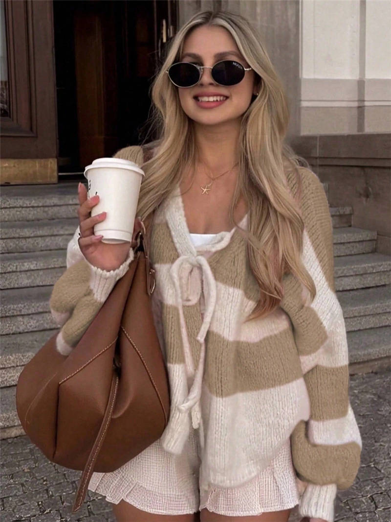 Striped Knit Tie-Front Bow Cardigan Sweater