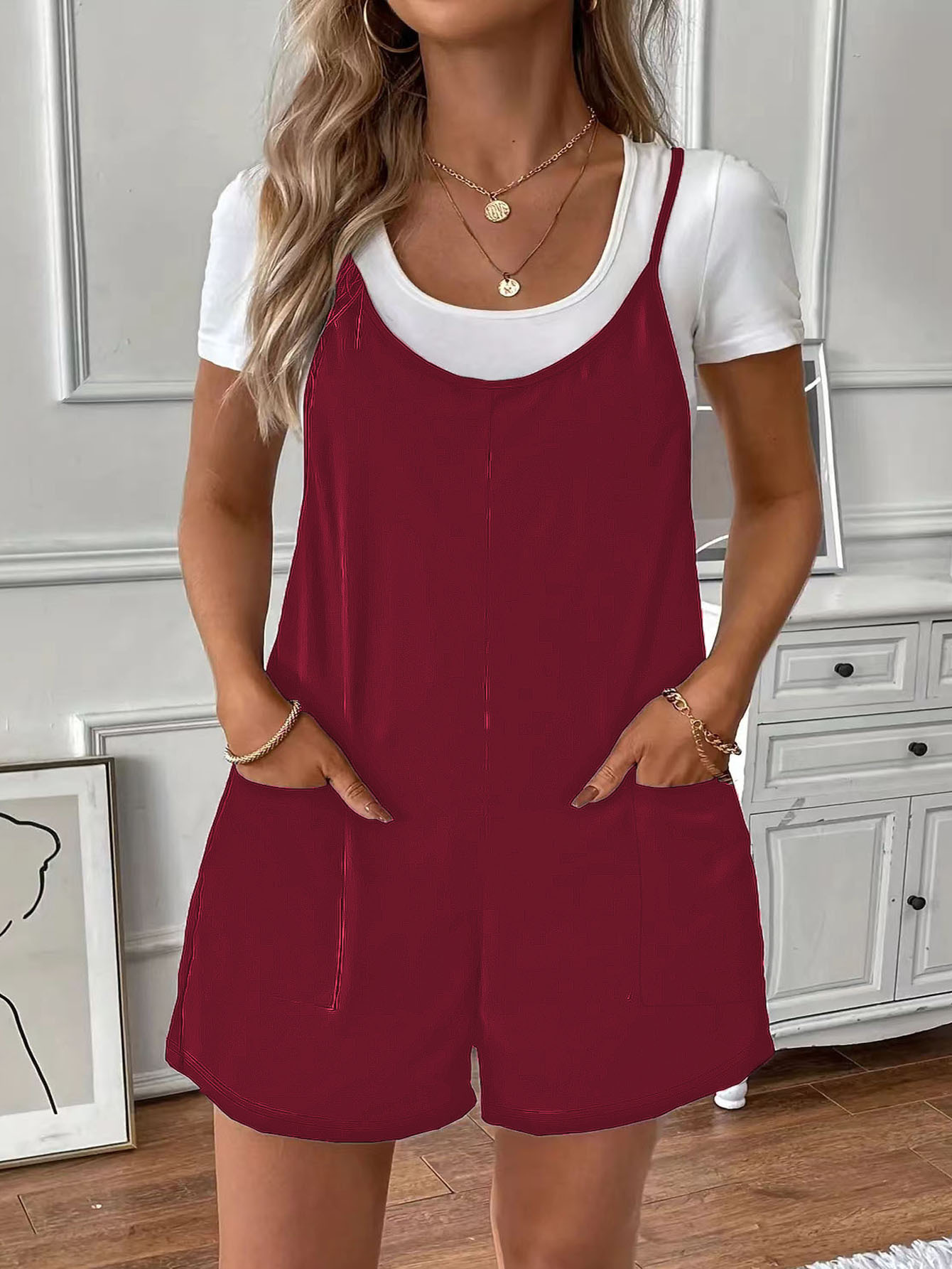 Solid Color Pocket Cami Romper Loose Casual Jumpsuit