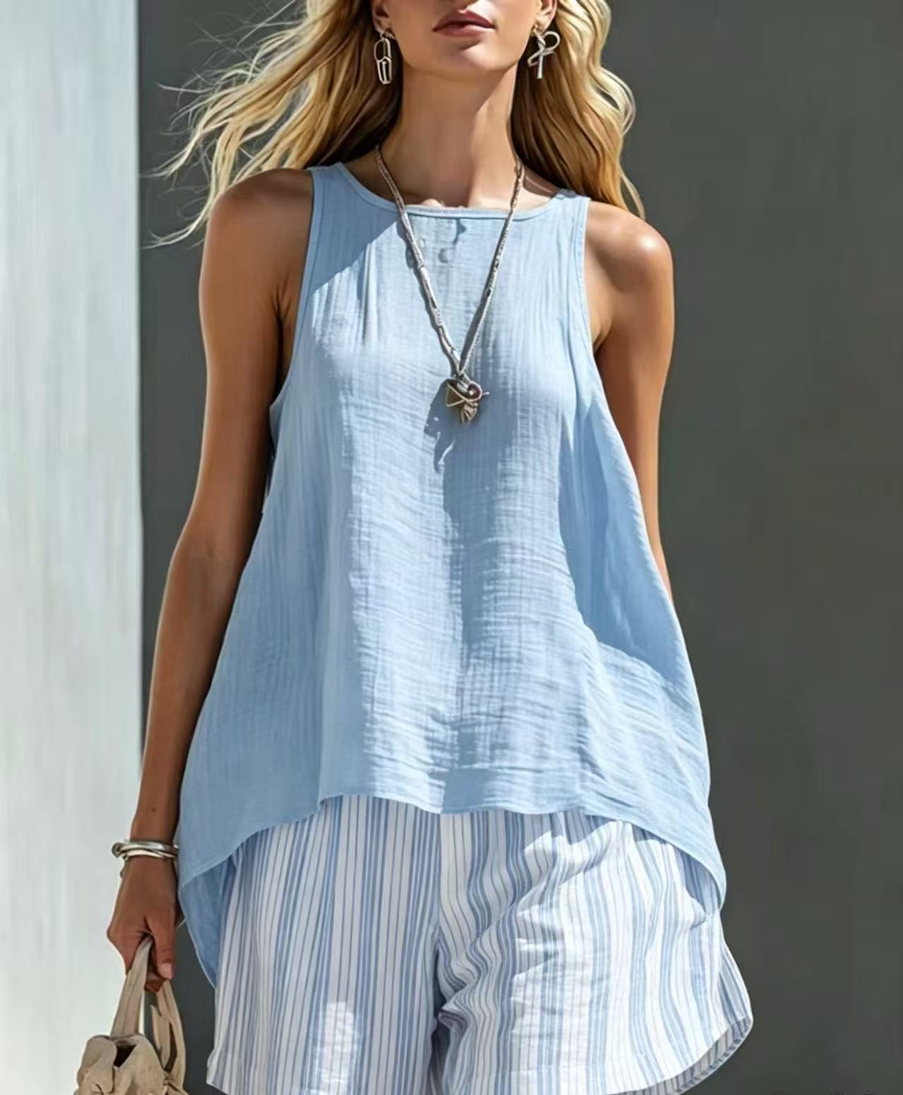 Women's Solid V-Neck Long-Sleeve Cotton-Linen Shirt Casual Loose Button-Up Top