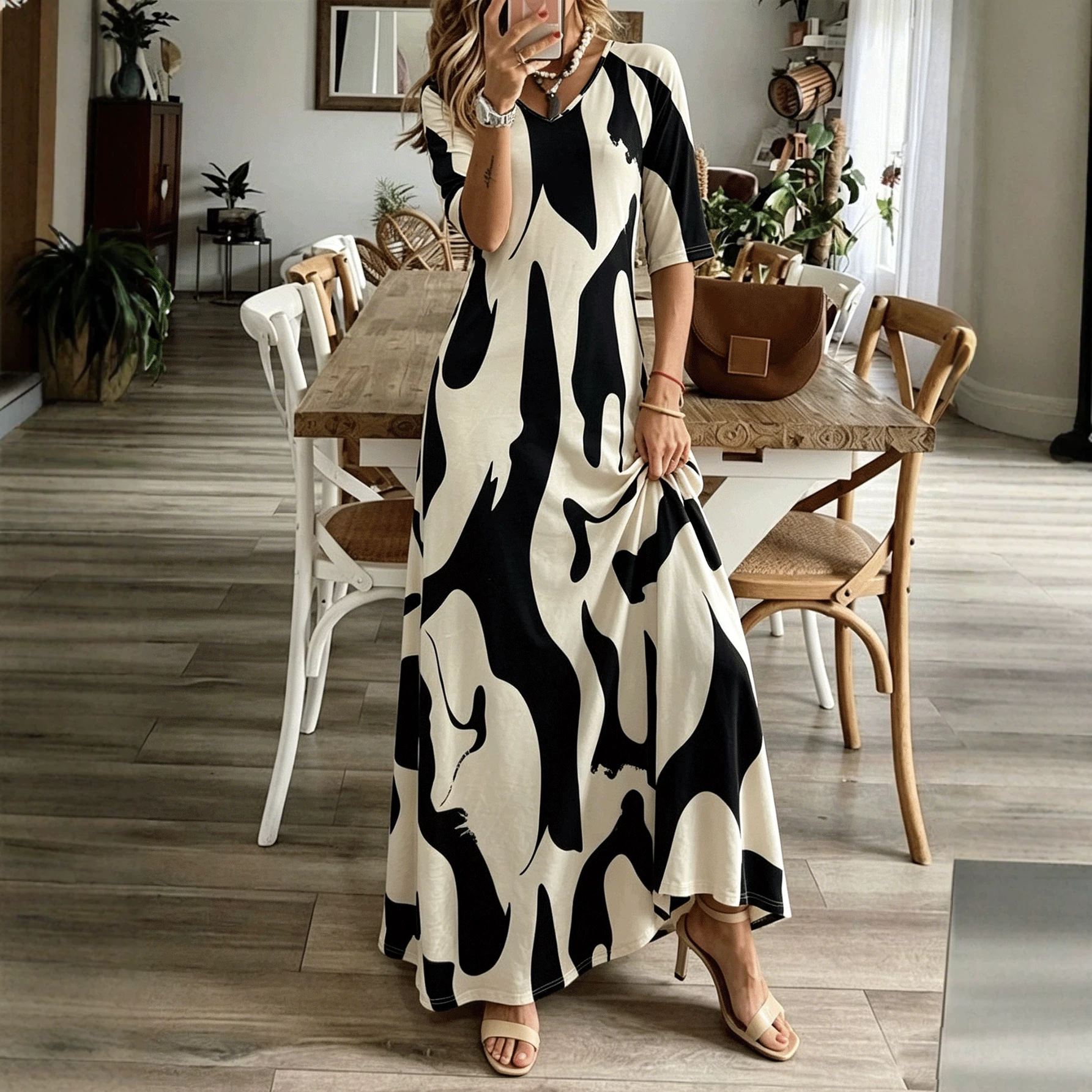 Color-Block Abstract Print V-Neck Half-Sleeve A-Line Midi Dress