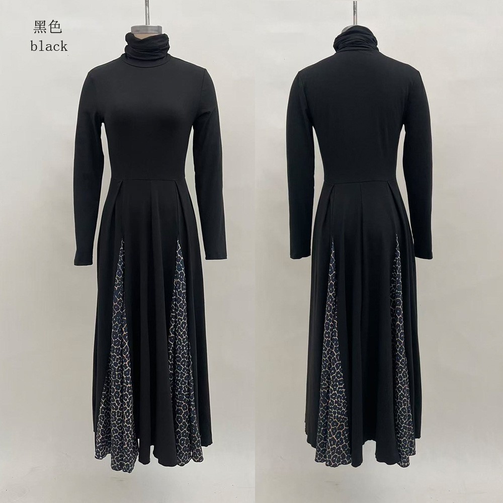 Black Leopard Print Long Sleeve Patchwork Dress