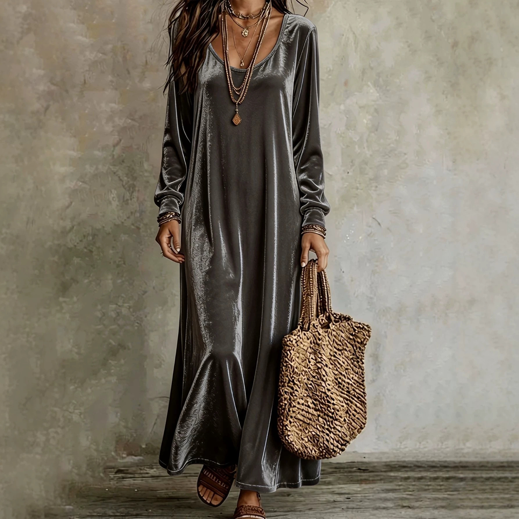 Solid Crewneck Long Sleeve Loose Casual A-Line Maxi Dress